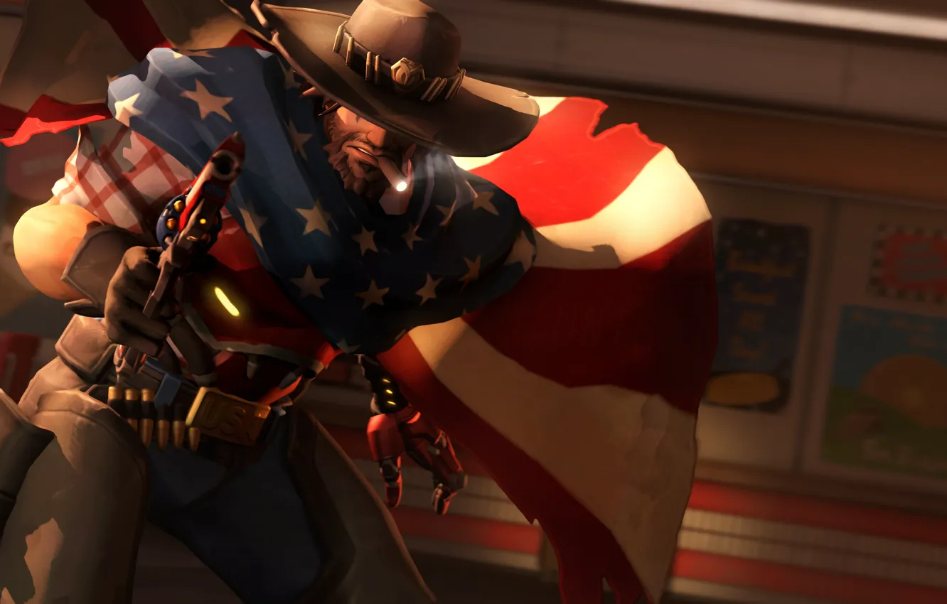 Photo wallpaper rendering, hat, flag, cigar, revolver, Overwatch, McCree, Jesse McCree