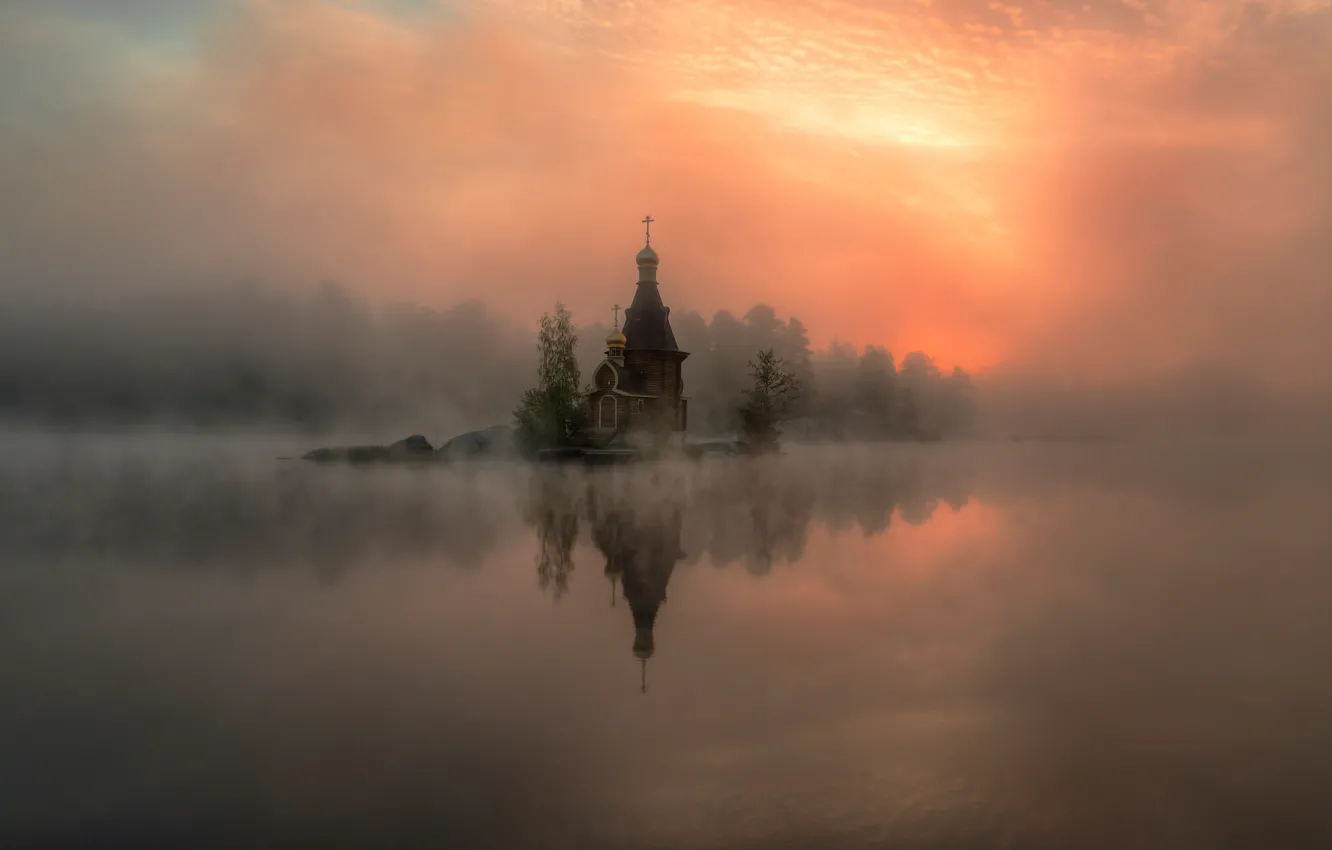 Photo wallpaper fog, river, Church, haze, Russia, Vuoksa
