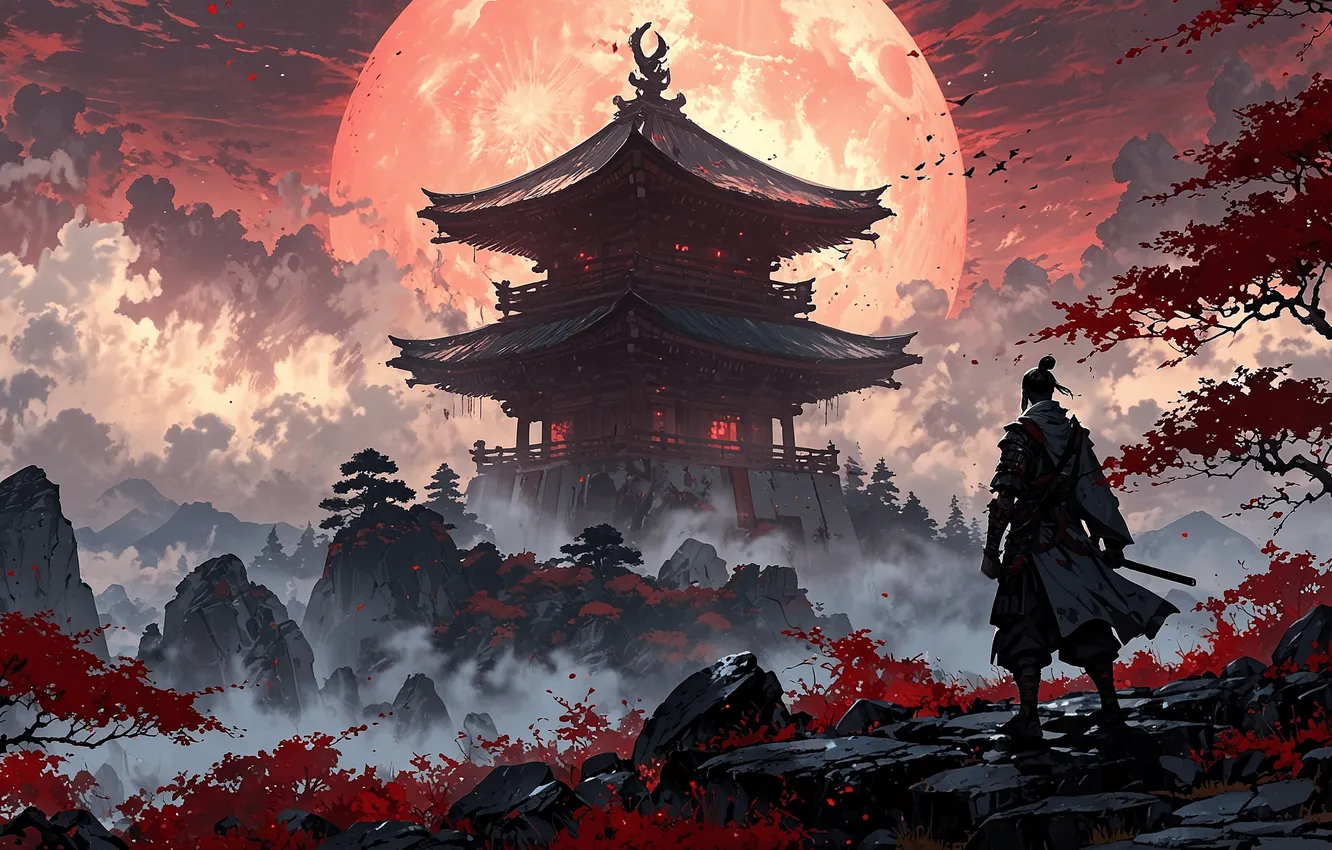 Photo wallpaper the sky, mountains, birds, stones, tree, Samurai, Samurai, Dojo