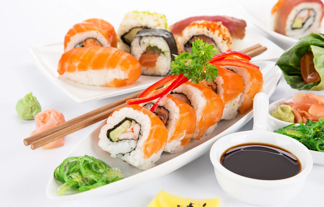 Photo wallpaper fish, sauce, sushi, sushi, fish, rolls, seafoods