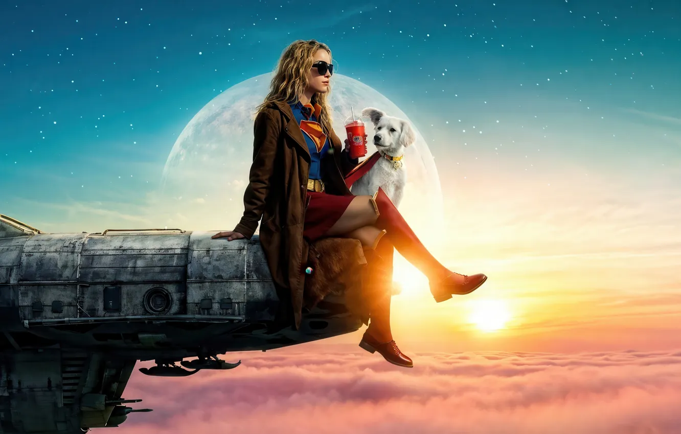 Photo wallpaper the sky, girl, the sun, clouds, fiction, planet, dog, costume