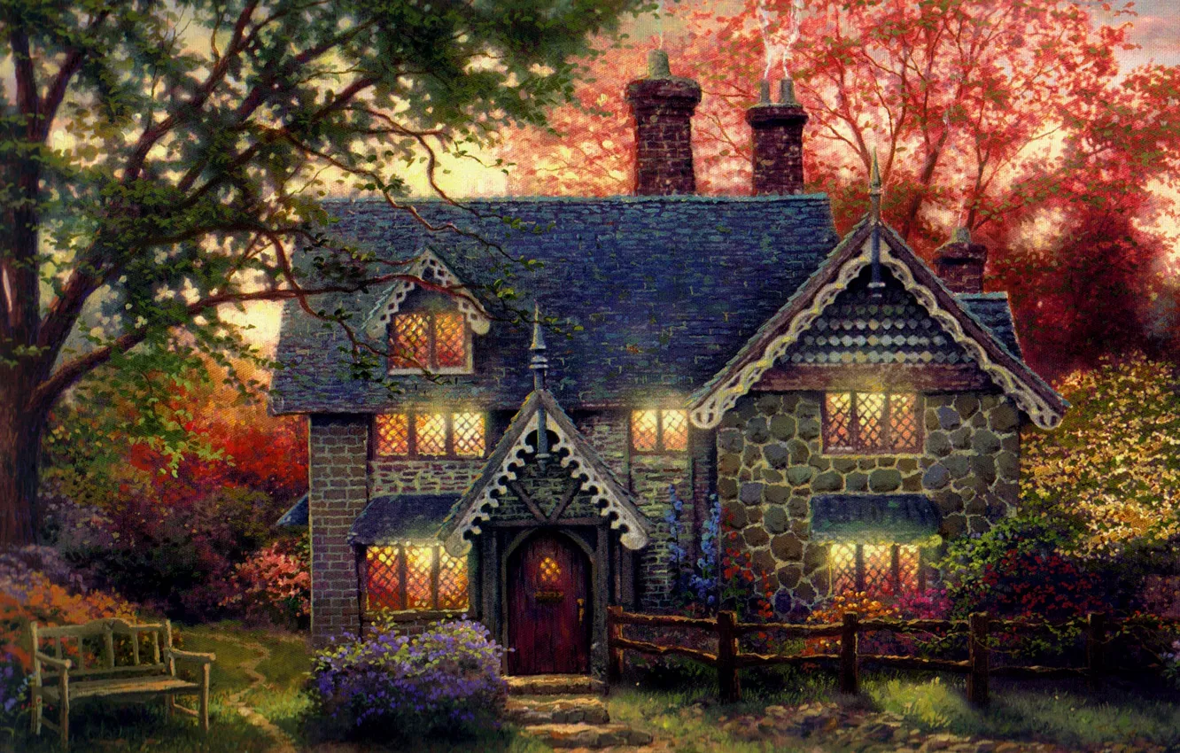 Photo wallpaper house, the evening, shop, painting, cottage, art, bench, the light in the Windows