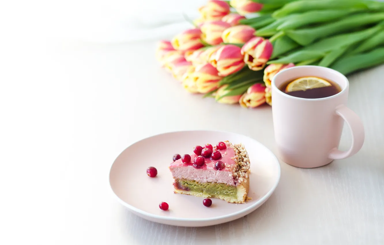 Photo wallpaper flowers, berries, lemon, tea, tulips, cake