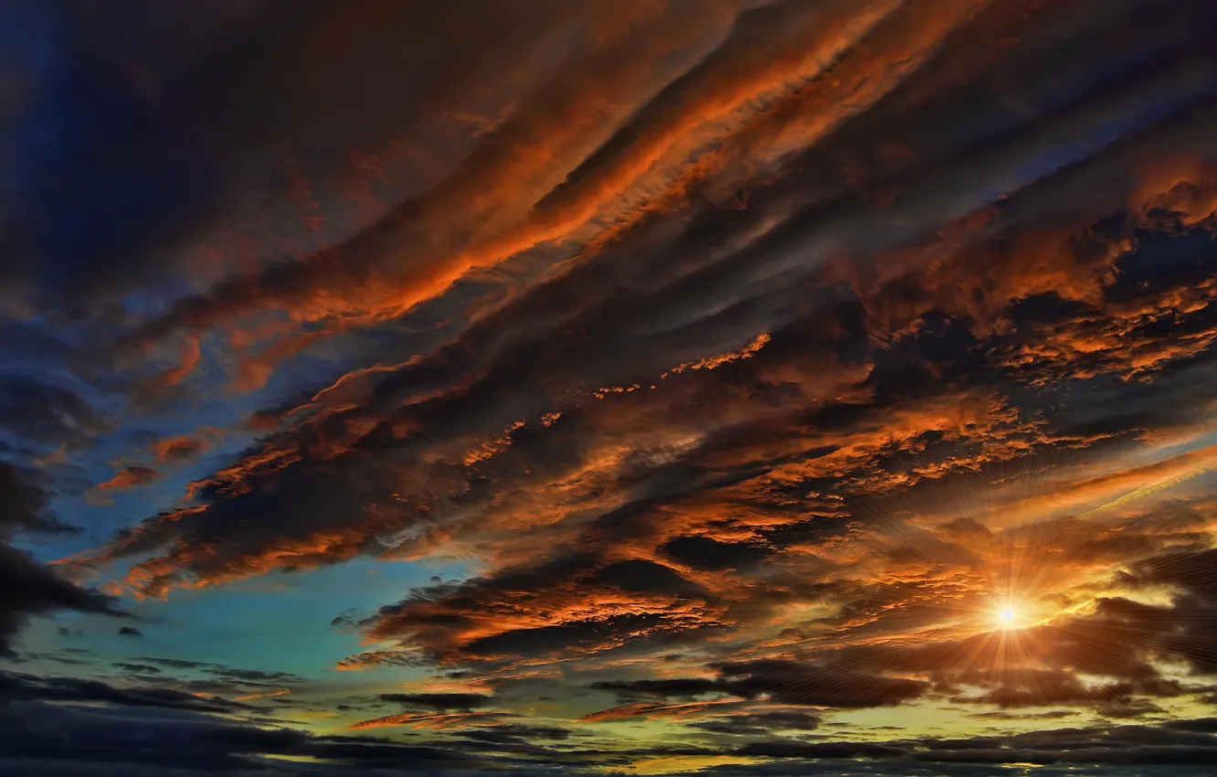 Photo wallpaper the sky, the sun, clouds, rays, sunset