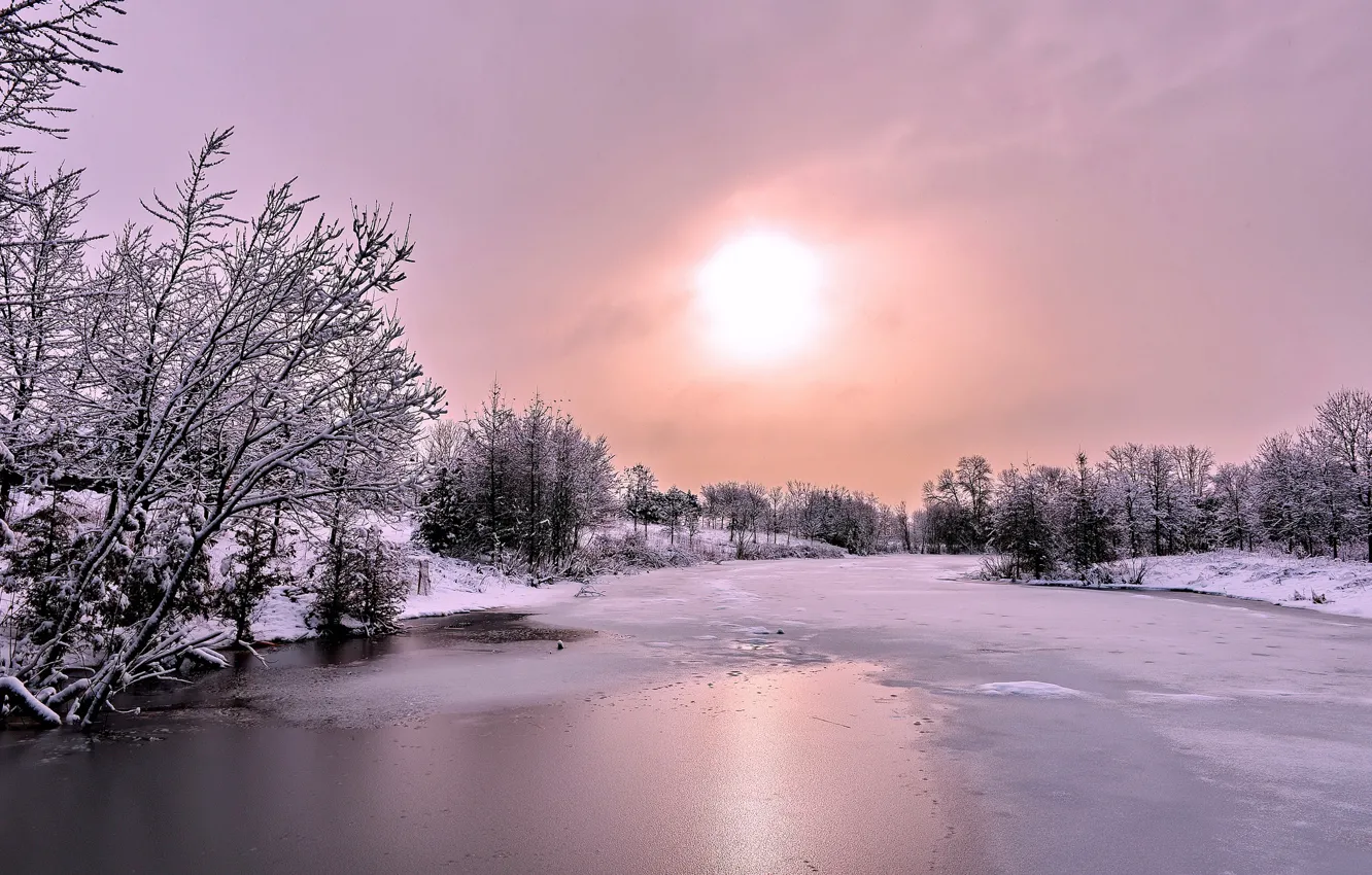 Photo wallpaper ice, winter, forest, the sun, clouds, snow, river
