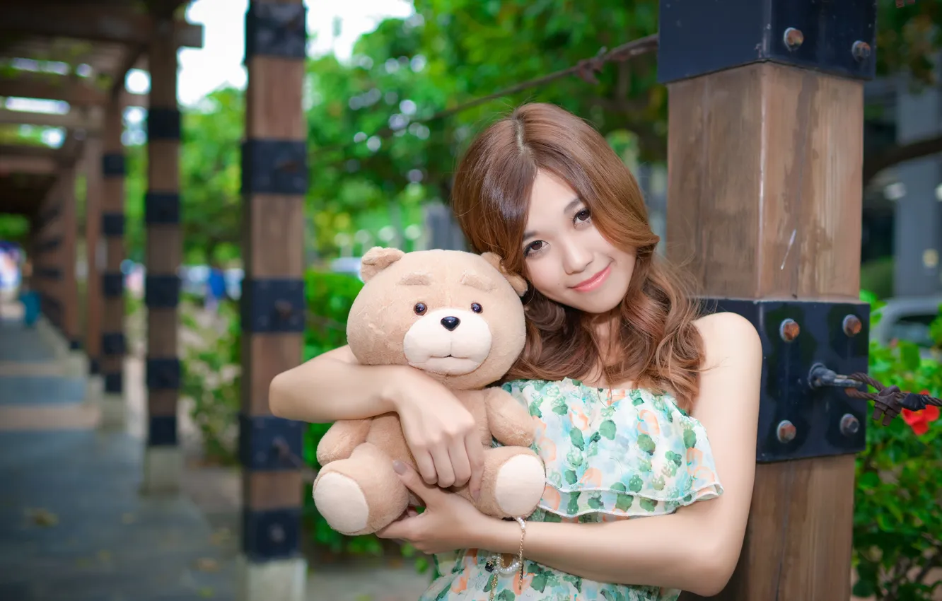 Photo wallpaper girl, bear, Asian