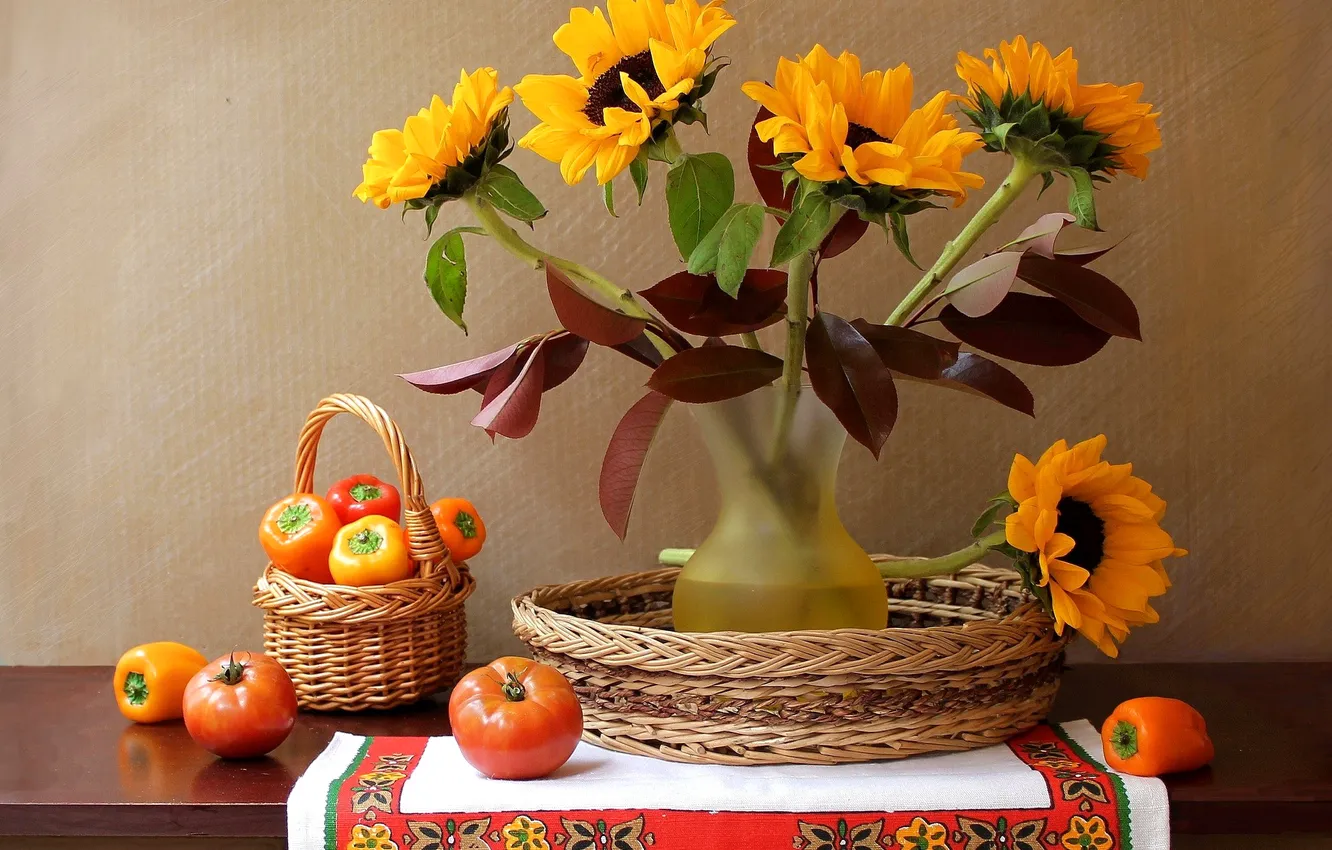 Photo wallpaper flowers, vase, pepper, still life, basket, vegetables, tomato, tomatoes