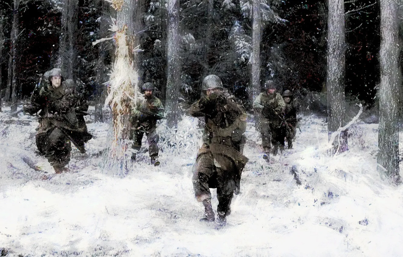 Photo wallpaper winter, forest, snow, attack, figure, battle, Soldiers