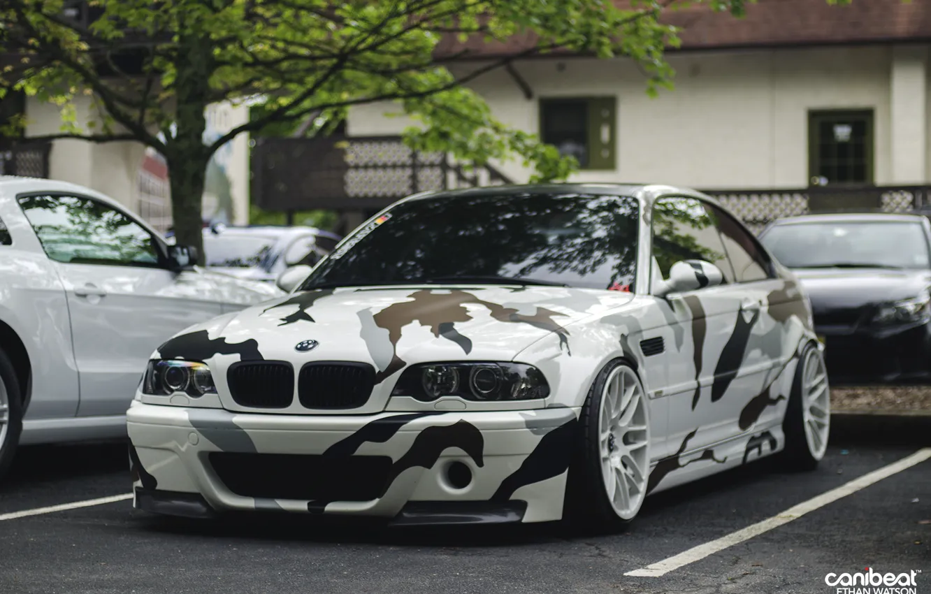Photo wallpaper tuning, white, camouflage, drives, bmw m3, stance