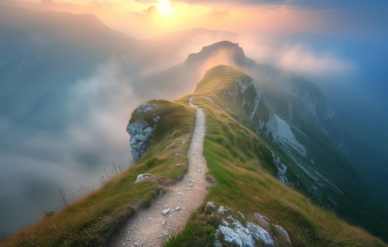 Photo wallpaper mountains, trail, cliff