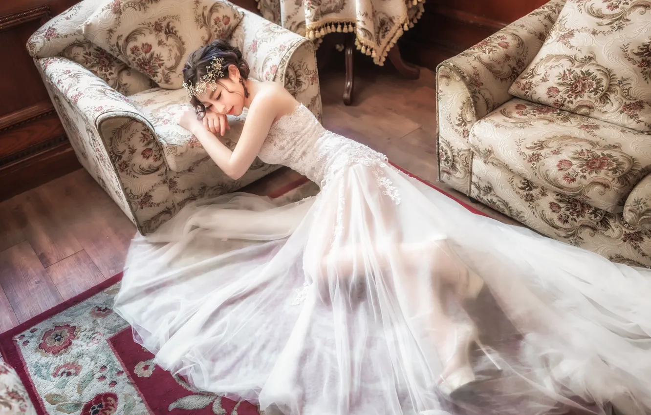 Photo wallpaper girl, dress, floor, lies, Asian