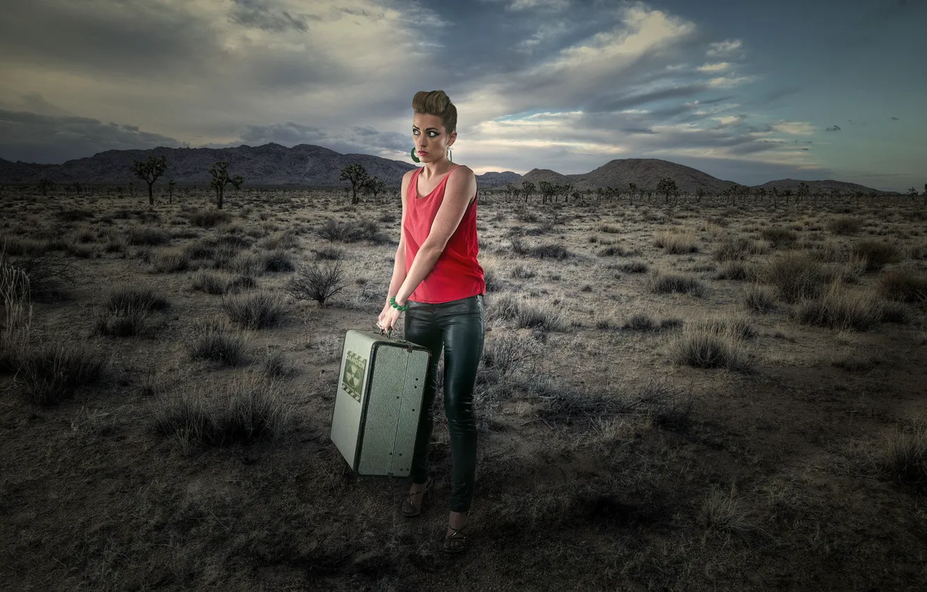Photo wallpaper girl, the situation, suitcase