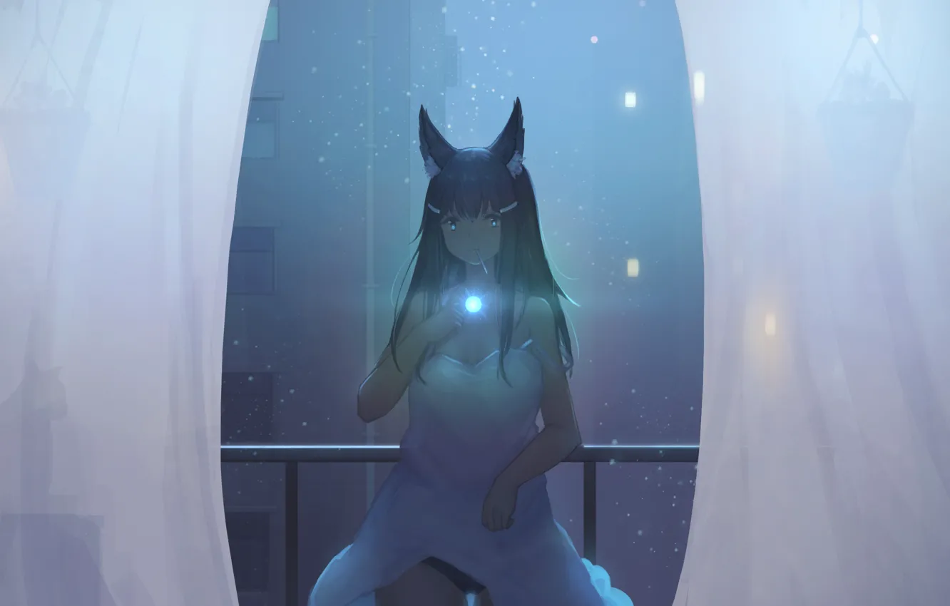 Photo wallpaper cat, girl, night, the city, balcony, neko