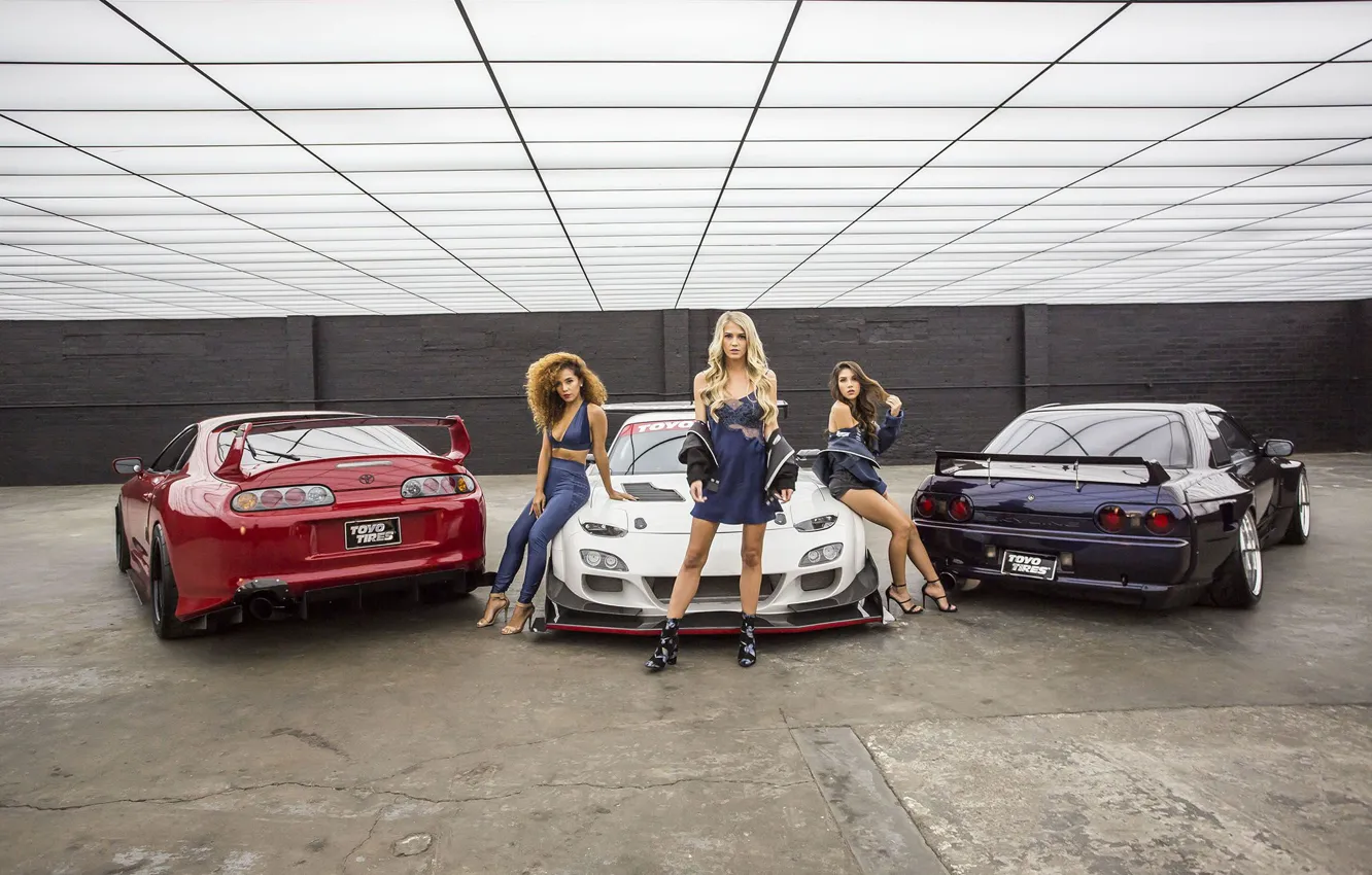 Photo wallpaper auto, look, Girls, Mazda RX-7, beautiful girls, Alyshia Barragan, posing over cars, Stacey Hash
