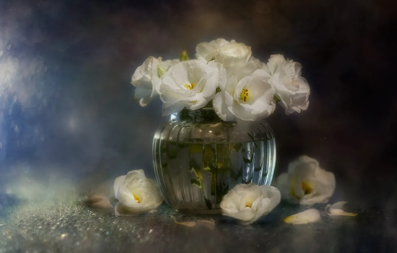 Photo wallpaper flowers, bouquet, vase, white, eustoma