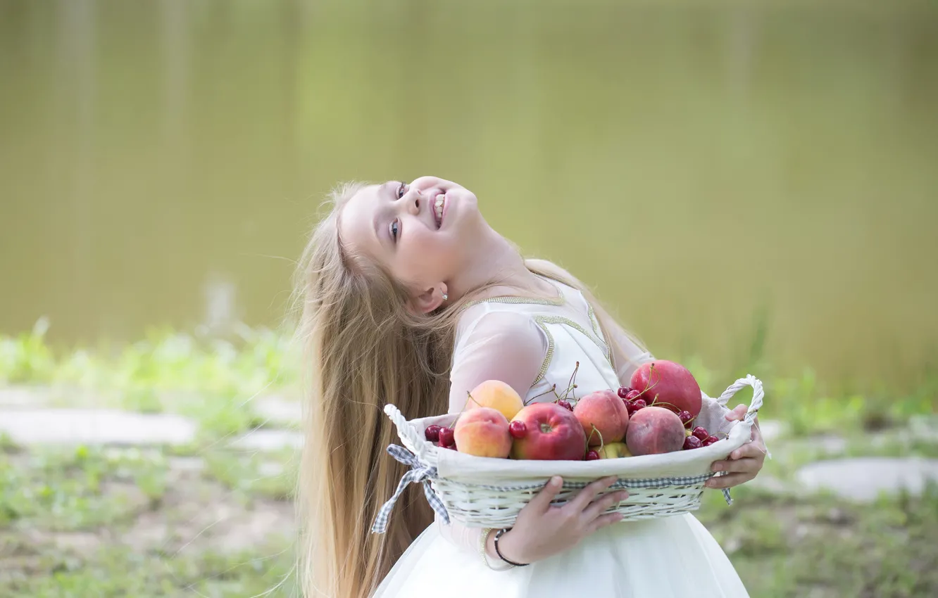 Photo wallpaper cherry, smile, dress, girl, girl, fruit, peaches, fruit