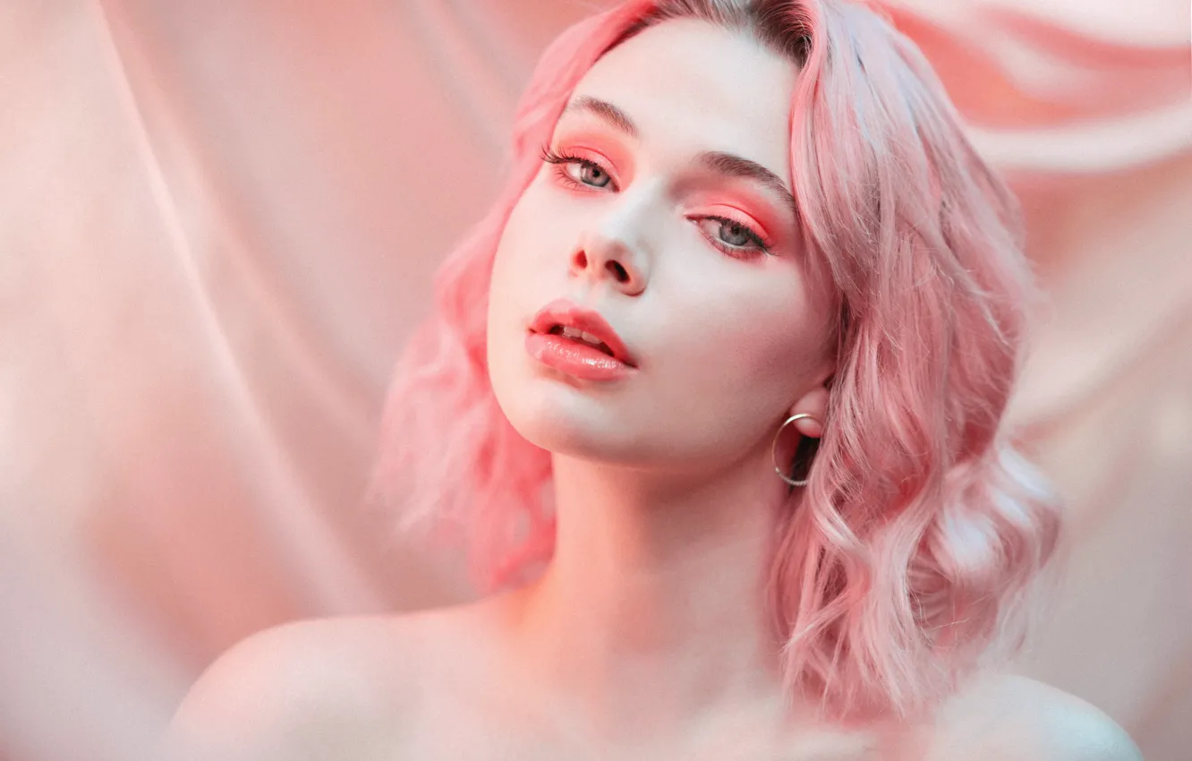 Photo wallpaper Pink, Girl, Beauty, Side, Hair, Sight