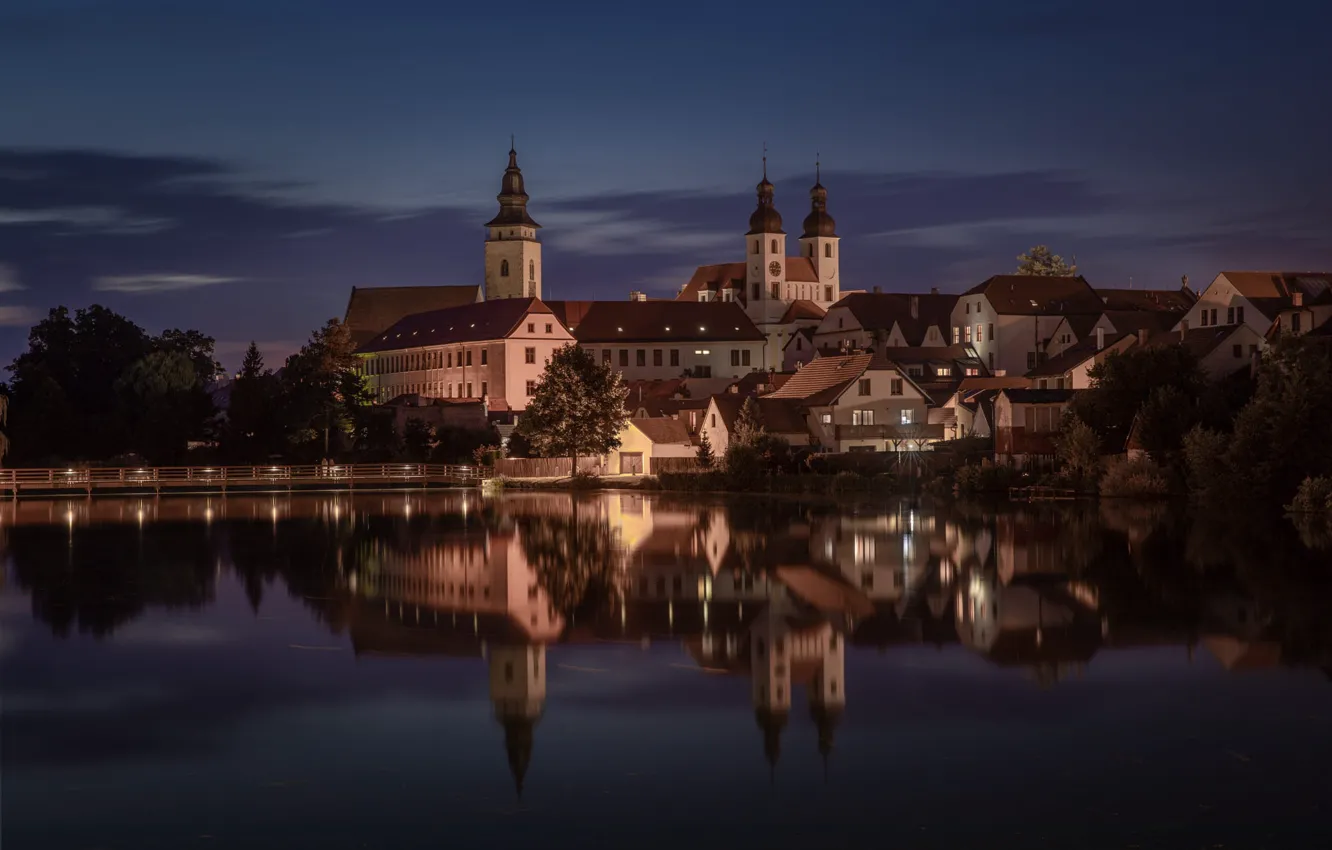 Photo wallpaper clouds, night, the city, lights, lake, reflection, shore, building