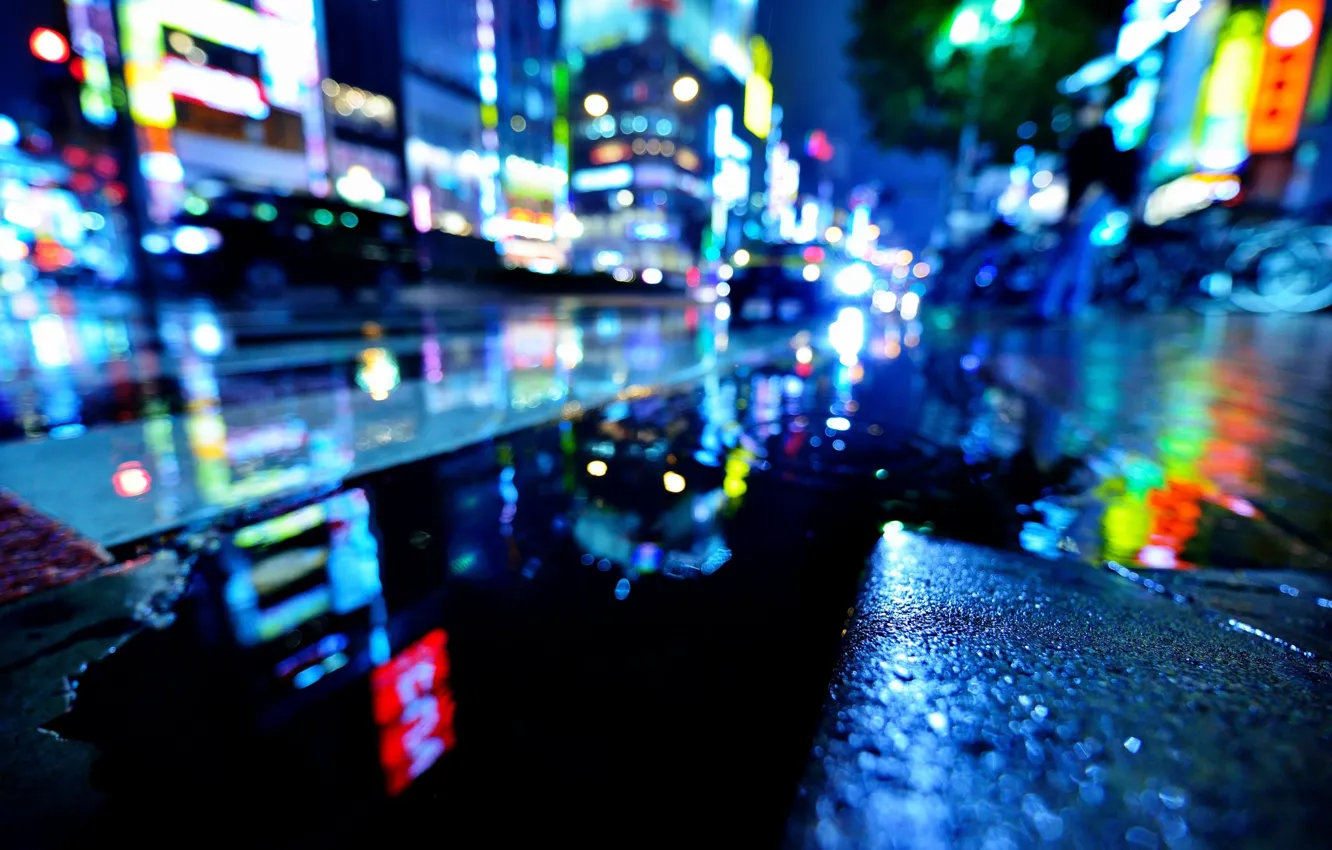 Photo wallpaper wet, water, night, the city, lights, rain, street, Japan