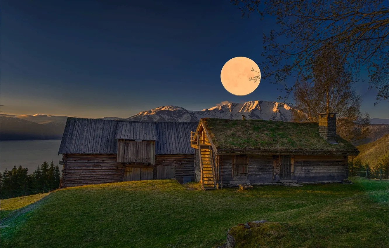 Photo wallpaper landscape, mountains, nature, dawn, the moon, home, morning, Norway