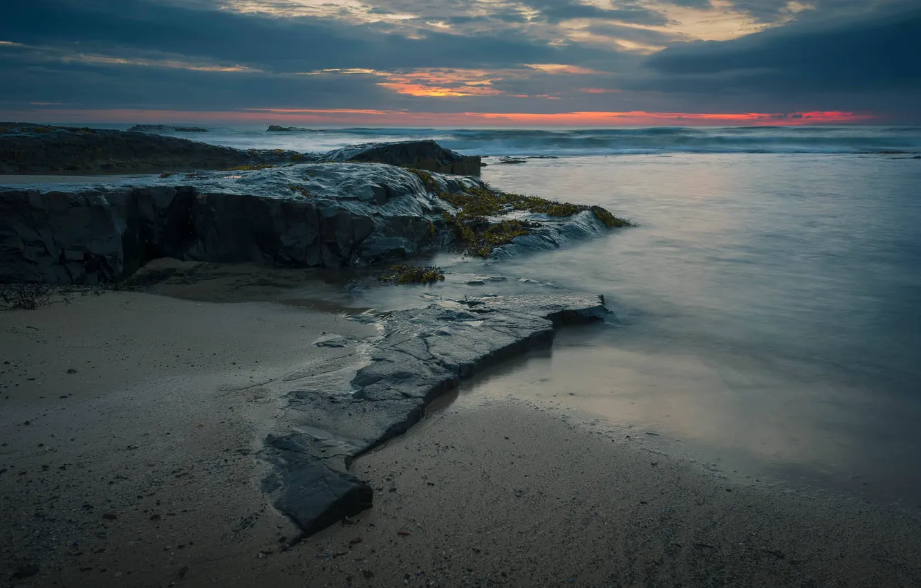 Photo wallpaper sea, the sky, clouds, sunset, stones, rocks, tide