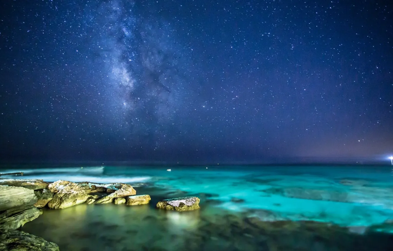 Photo wallpaper light, star, sky, sea, stone, night