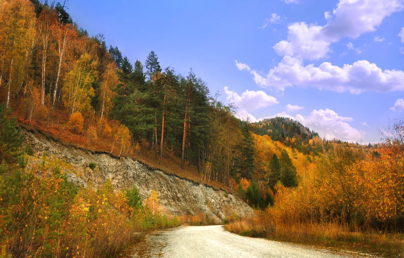 Photo wallpaper road, the sky, trees, rocks, colors, Autumn, road, sky