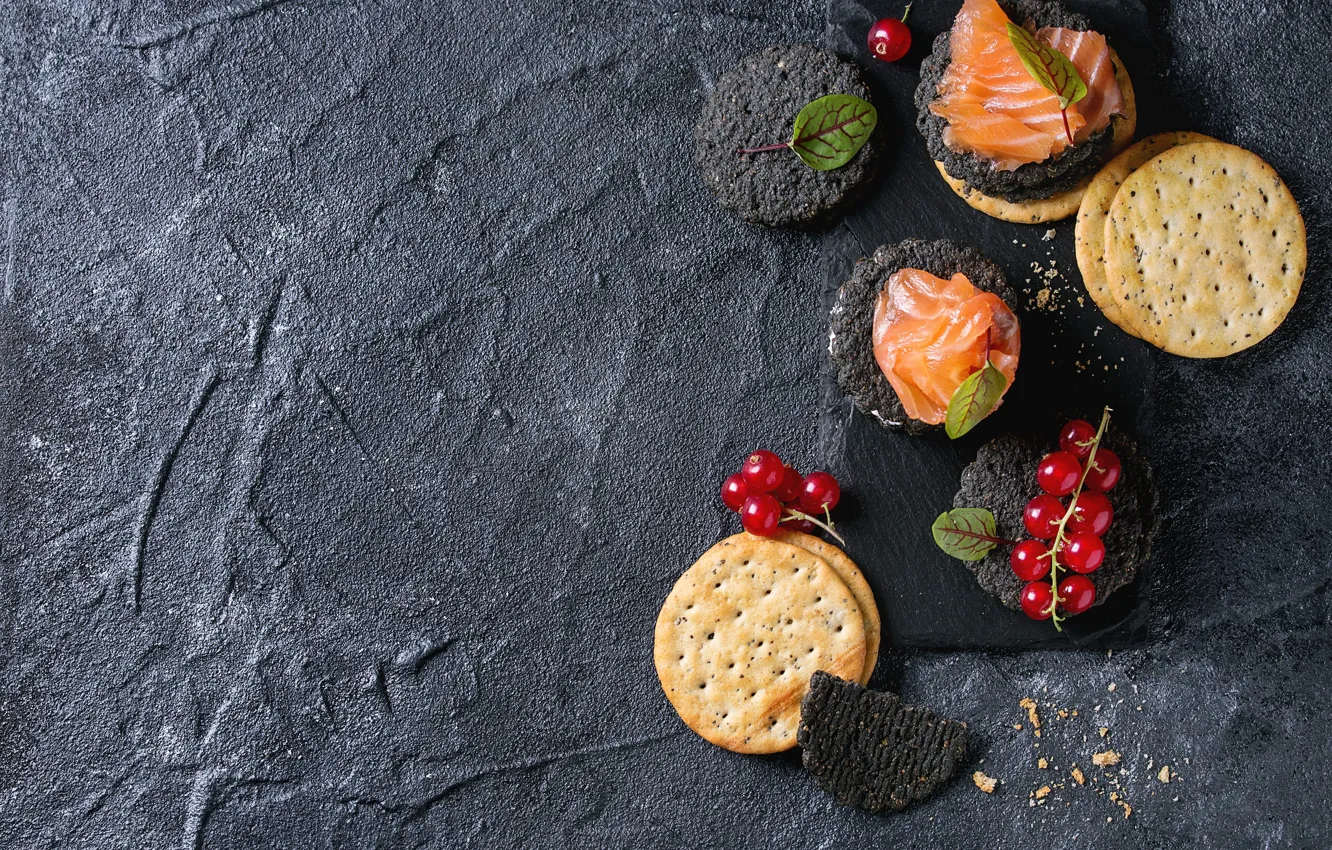 Photo wallpaper berries, fish, cookies, leaf, currants