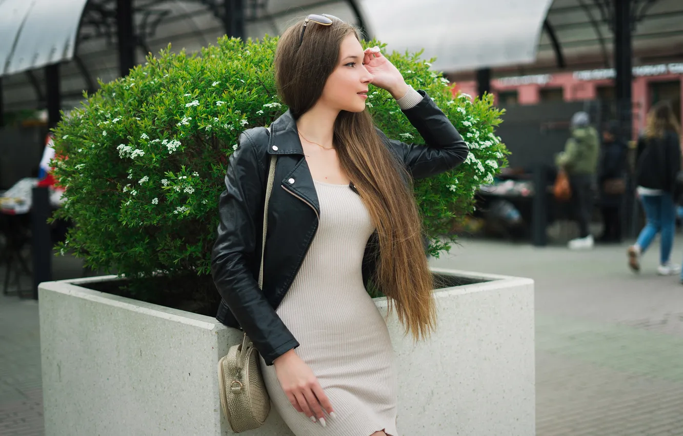 Photo wallpaper girl, model, people, brunette, urban, white dress, sunglasses, leather jacket