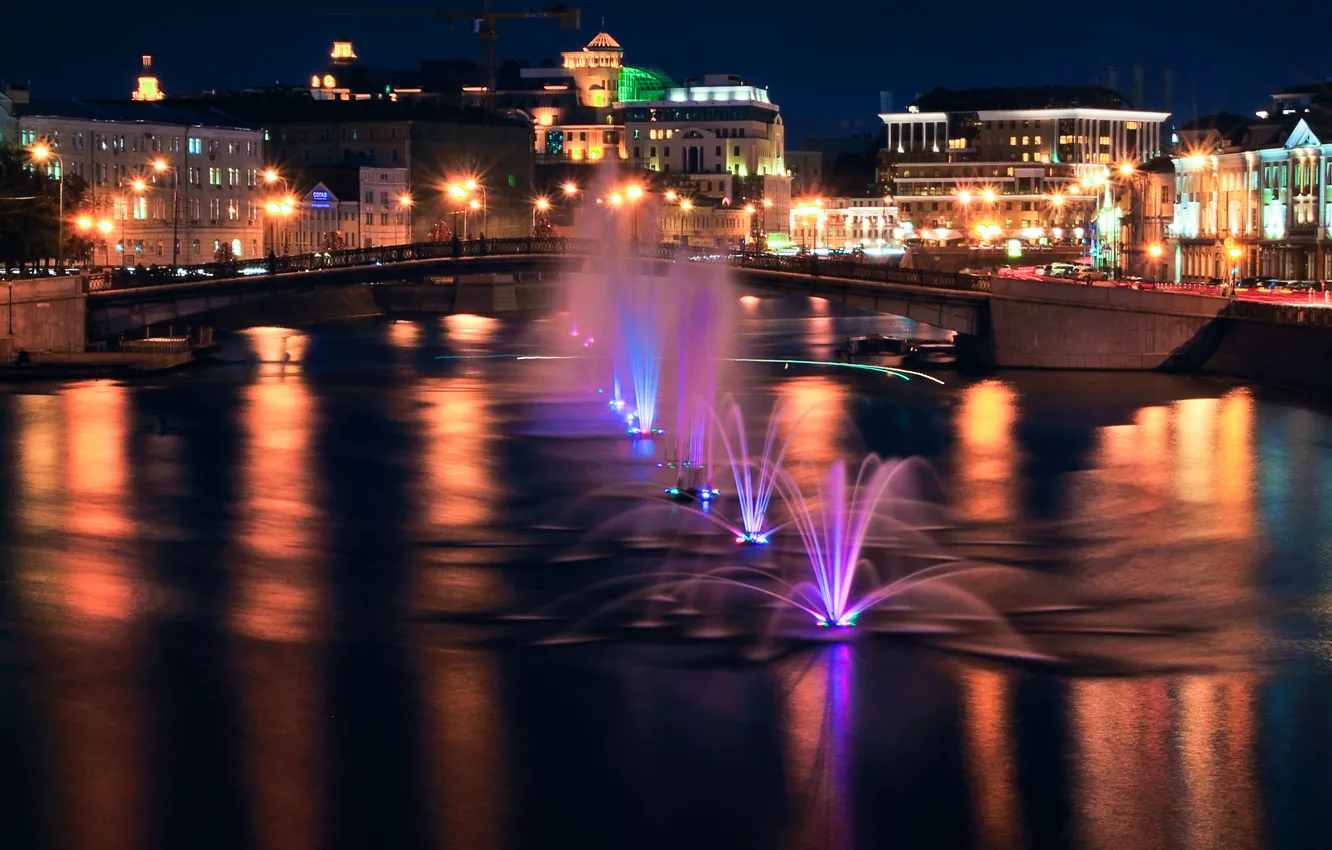 Photo wallpaper night, river, building, Moscow, fountain, Russia, Russia, river