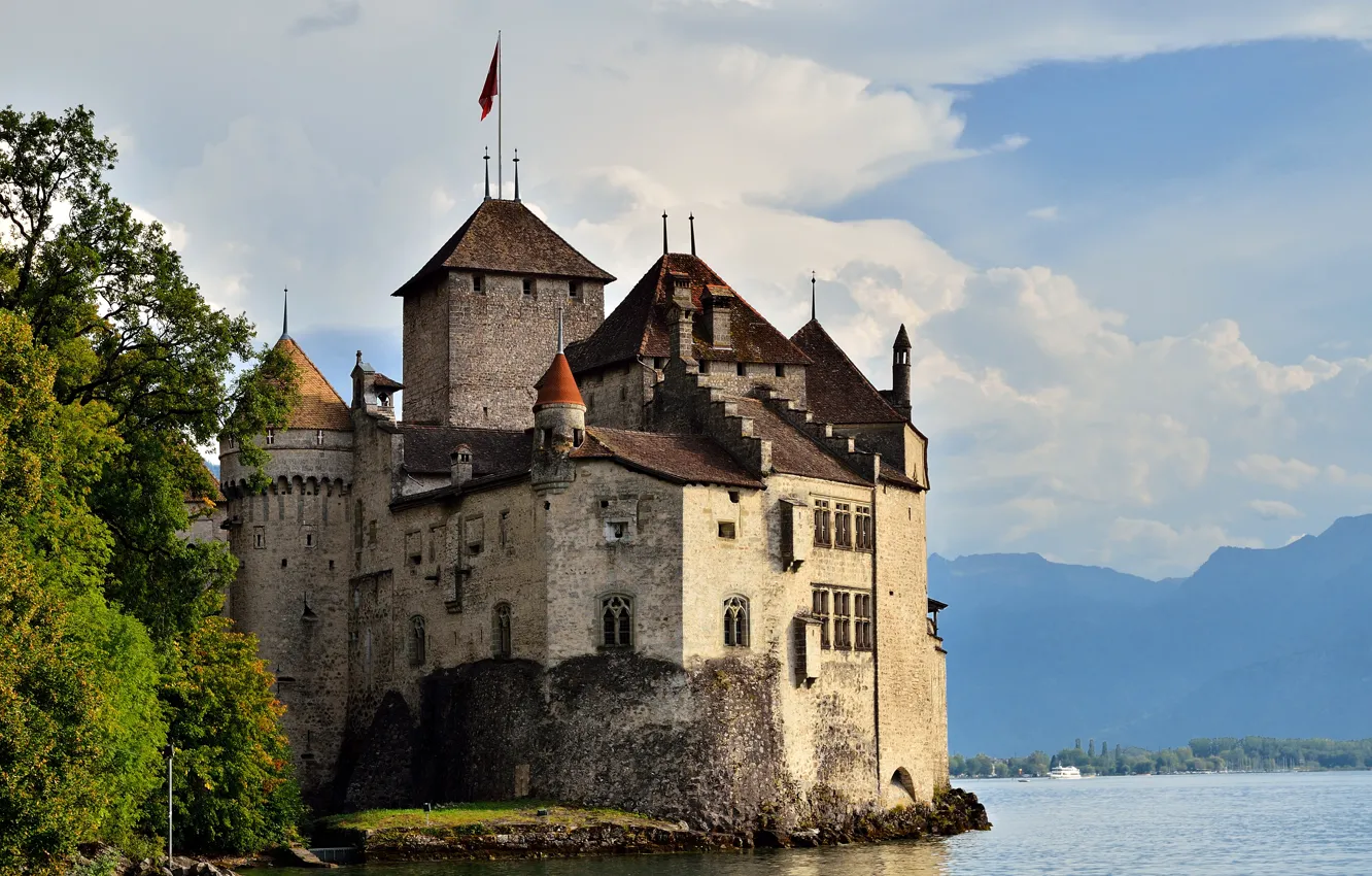 Photo wallpaper mountains, lake, castle, Switzerland, Montreux, Chillon Castle