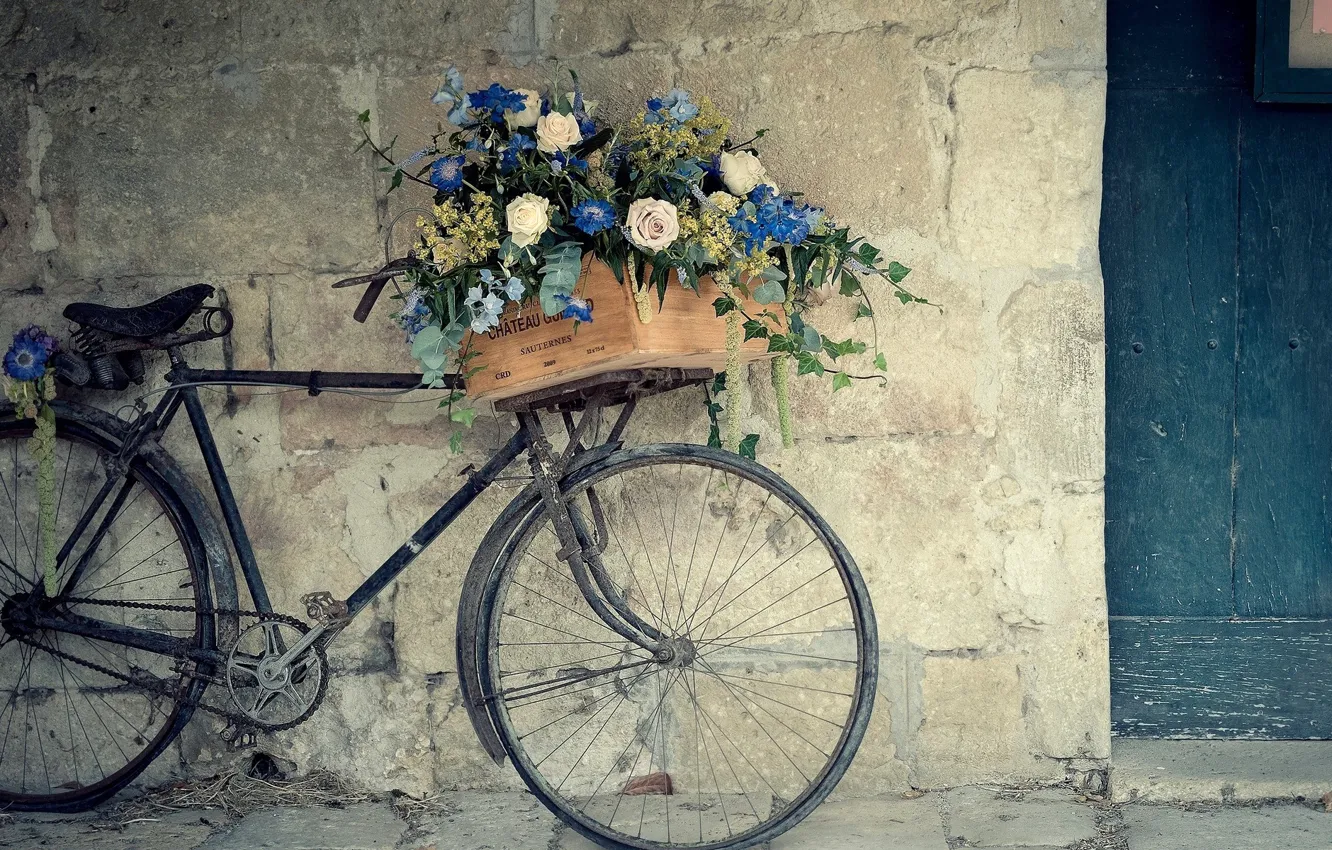Photo wallpaper flowers, bike, wall
