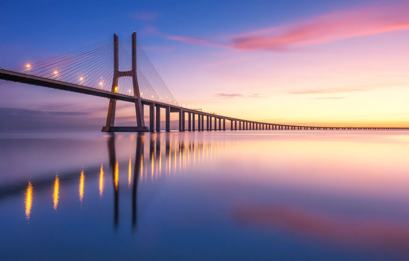 Photo wallpaper bridge, reflection, river, dawn, morning, Portugal, Lisbon, Portugal