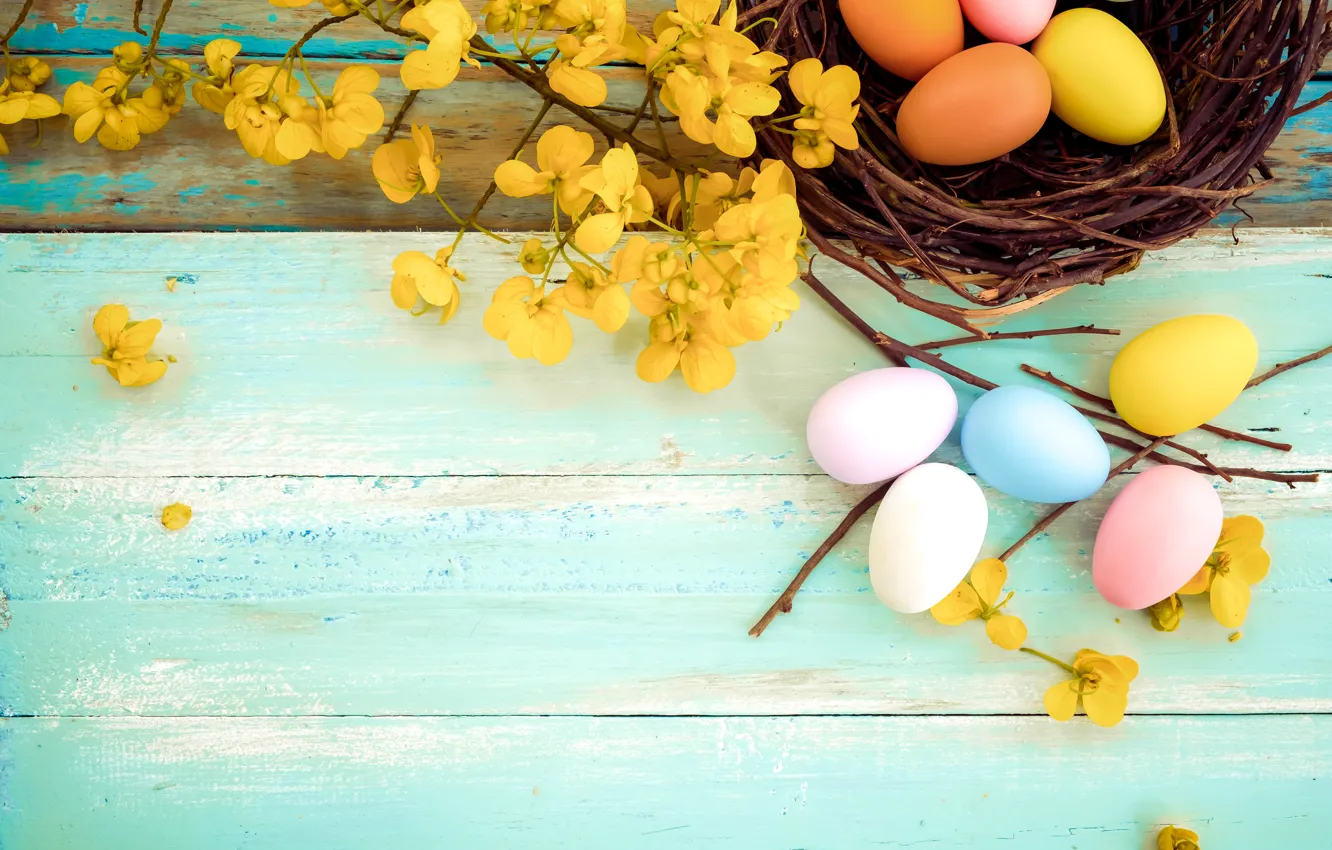 Photo wallpaper flowers, basket, eggs, spring, yellow, colorful, Easter, yellow
