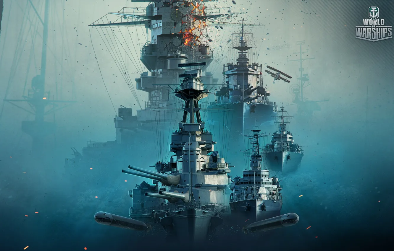 Photo wallpaper Fog, The game, The plane, Ship, Ships, Art, Gun, Tank