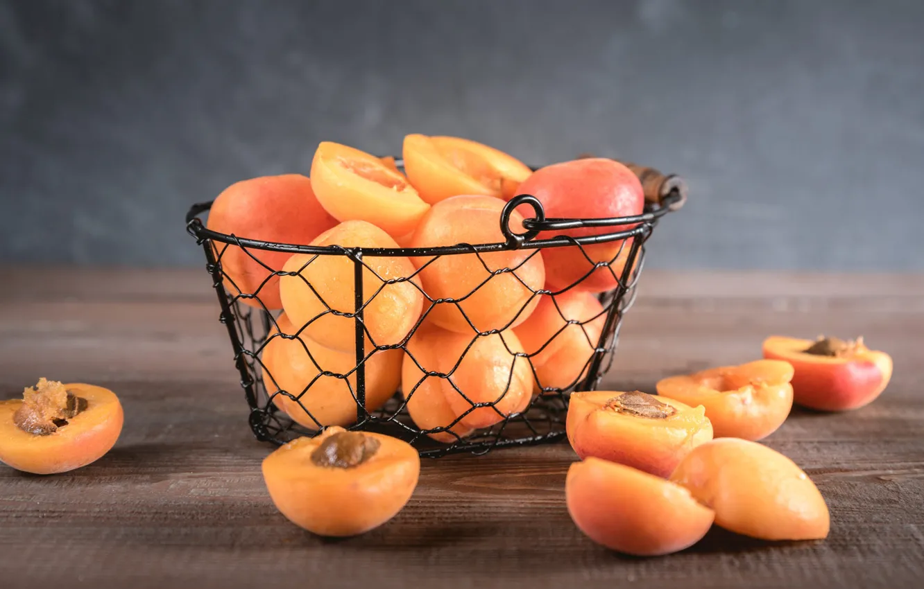 Photo wallpaper table, bone, fruit, placer, halves, apricots, metal, basket