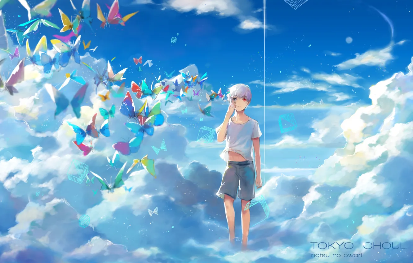 Photo wallpaper the sky, clouds, butterfly, anime, art, guy, Tokyo ghoul, Tokyo Ghoul