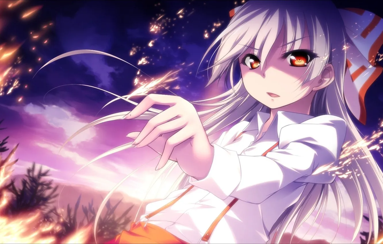 Photo wallpaper girl, fire, art, bow, touhou, white hair, fujiwara no mokou, kazakura