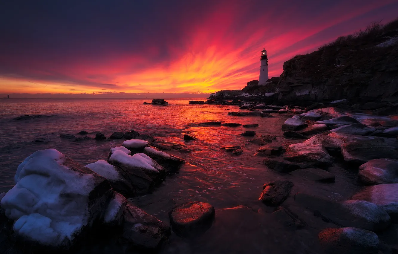 Photo wallpaper rock, ocean, coast, sunset, lighthouse