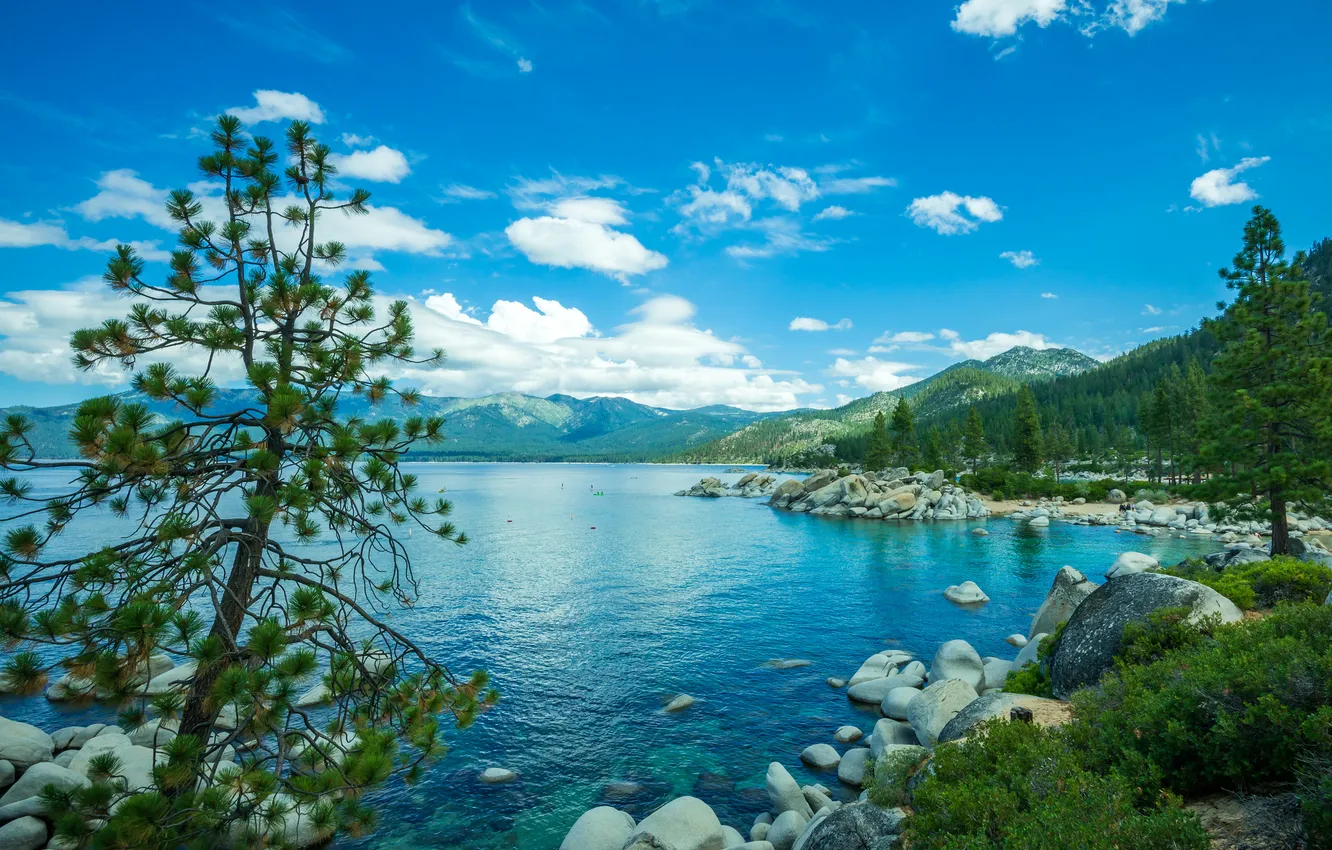 Photo wallpaper trees, mountains, nature, stones, USA, Sierra Nevada, lake Tahoe