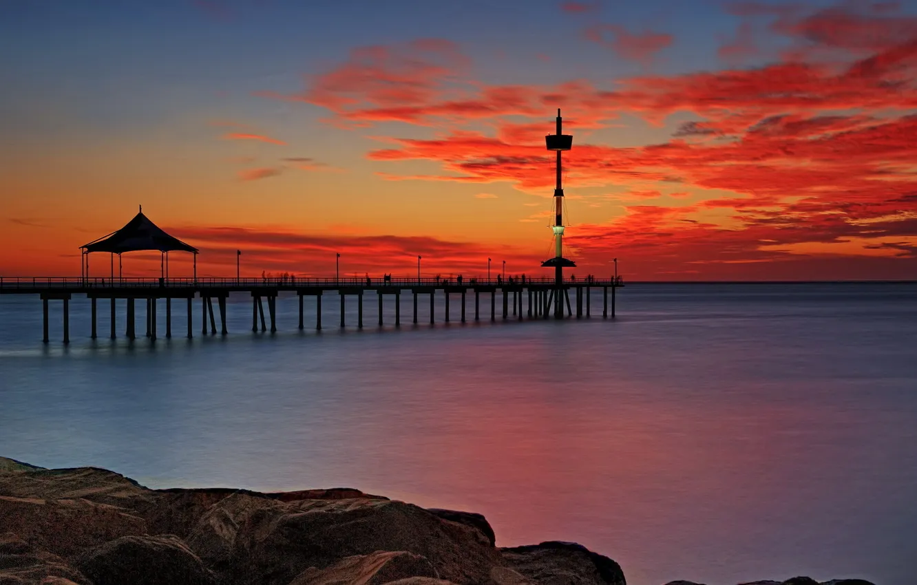 Photo wallpaper sea, landscape, sunset, bridge