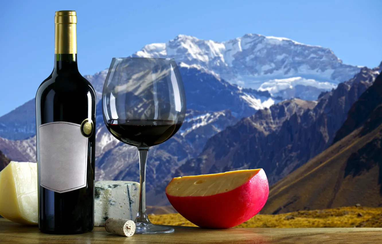 Photo wallpaper landscape, mountains, wine, glass, bottle, Apple, cheese, tube