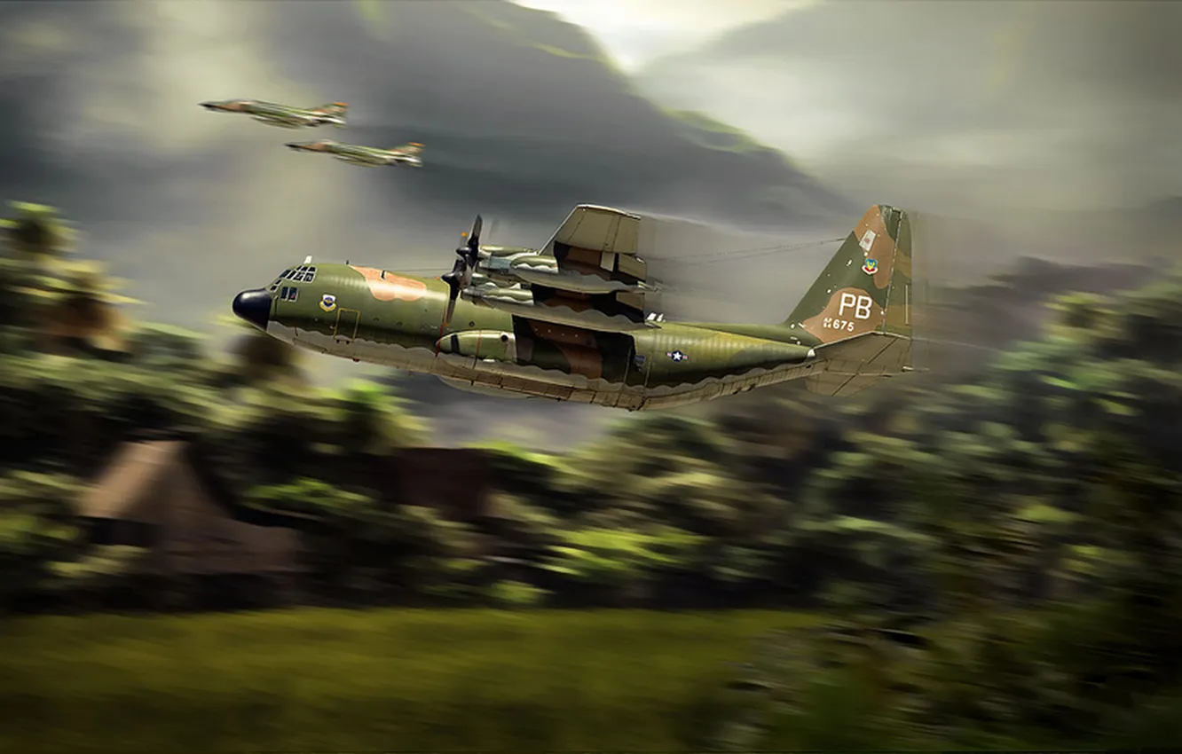 Photo wallpaper flight, fighter, art, USA, the plane, military transport aircraft, C-130 Hercules, Peter Van Stigt