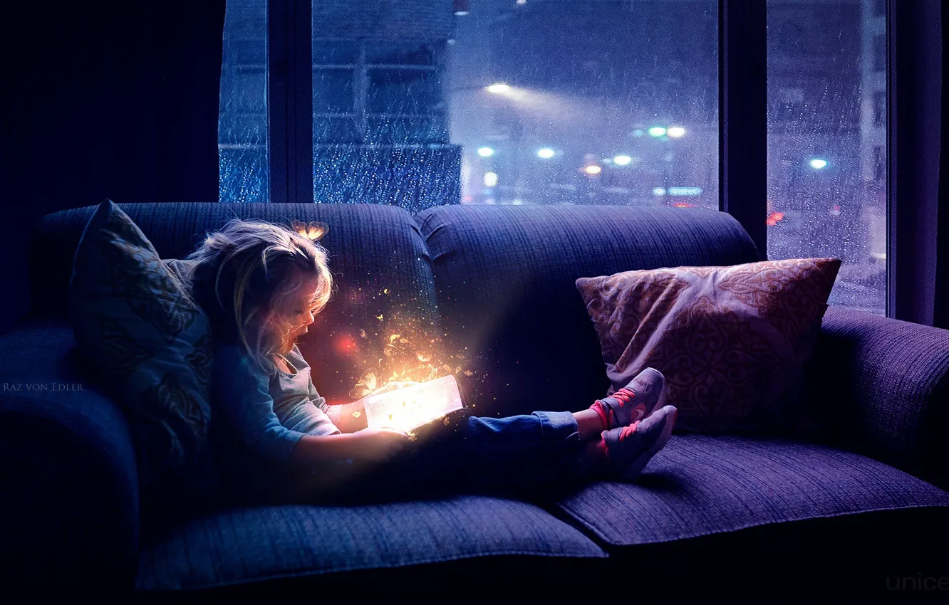 Photo wallpaper butterfly, night, magic, window, girl, book