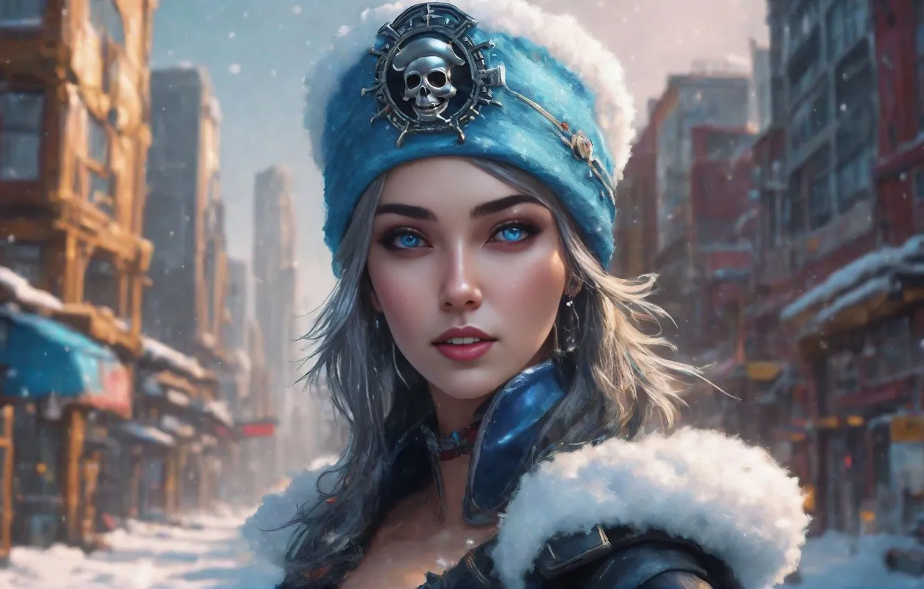 Photo wallpaper winter, look, girl, the city, hat, skull, blonde