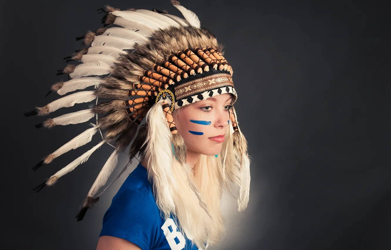 Photo wallpaper girl, face, feathers, paint, headdress