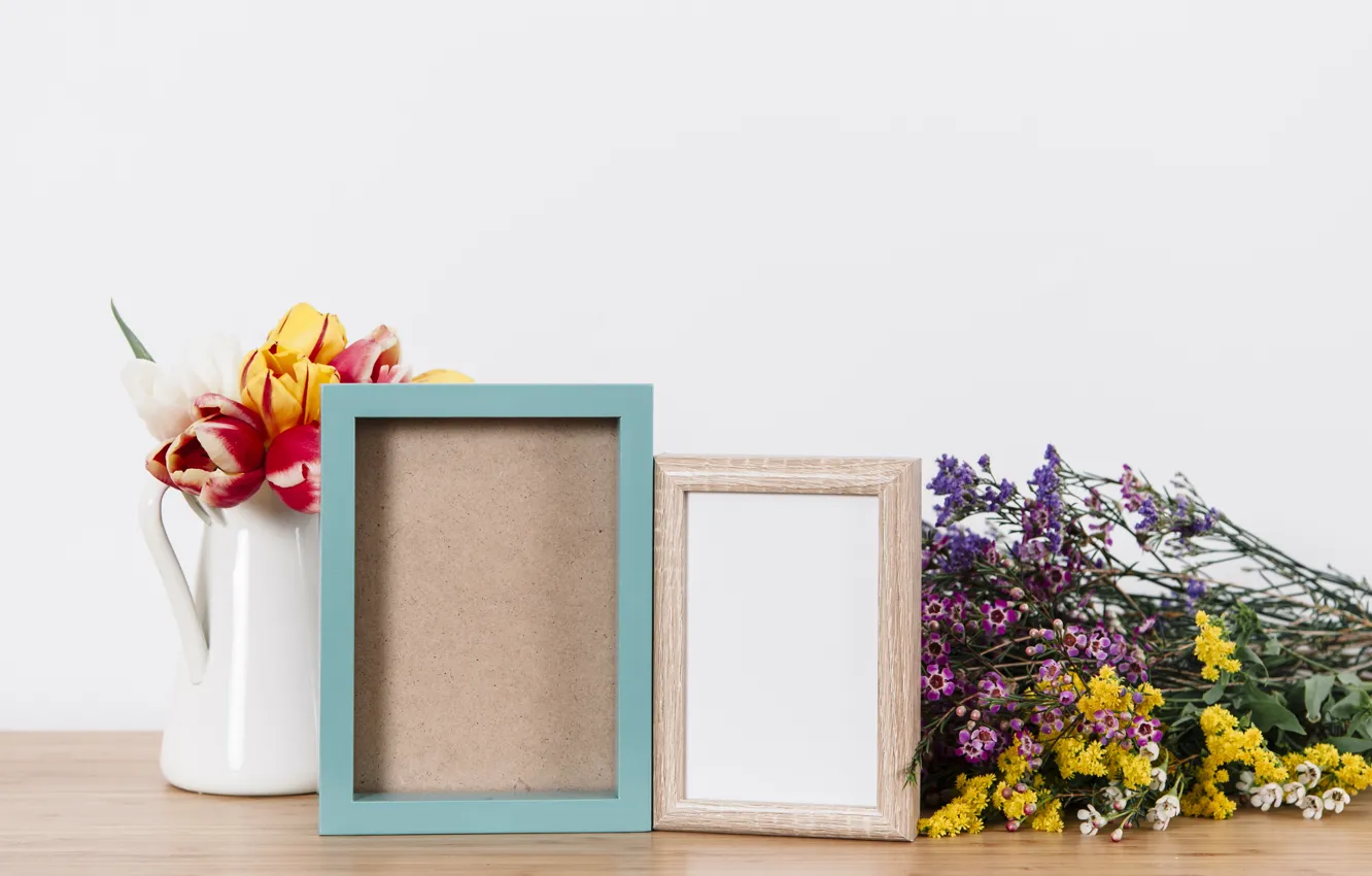 Photo wallpaper flowers, photo, bouquet, frame, colorful, tulips, vase, flowers