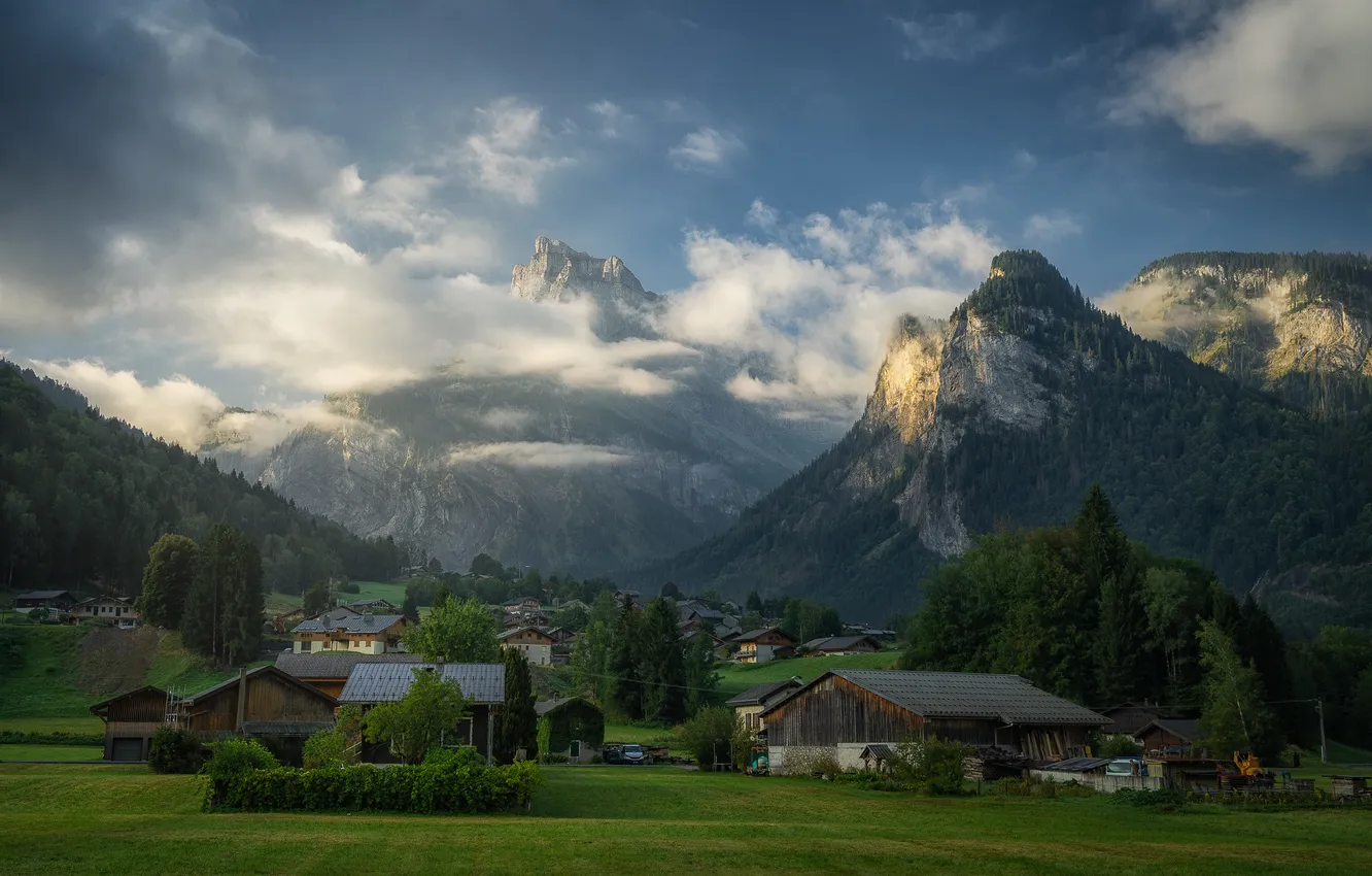 Photo wallpaper house, village, settlement, haze, mountains, field, clouds