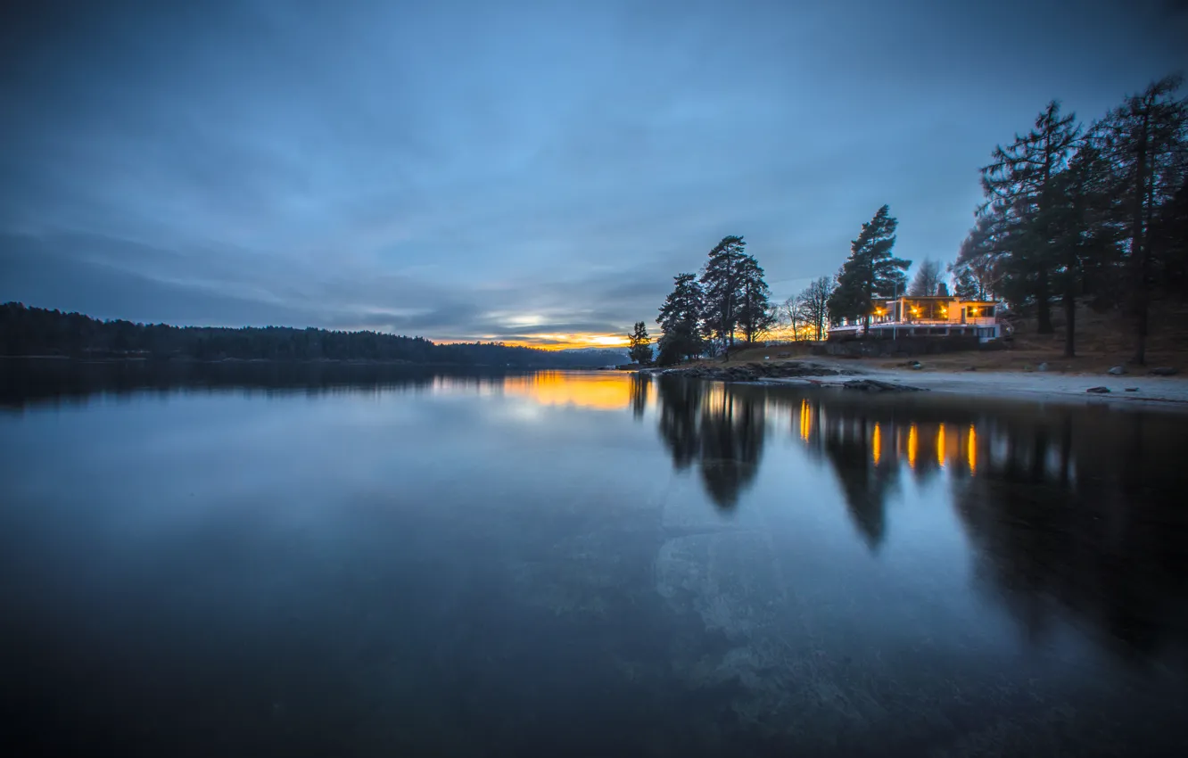Photo wallpaper sunset, lights, lights, lake, home, house, sunset, lake