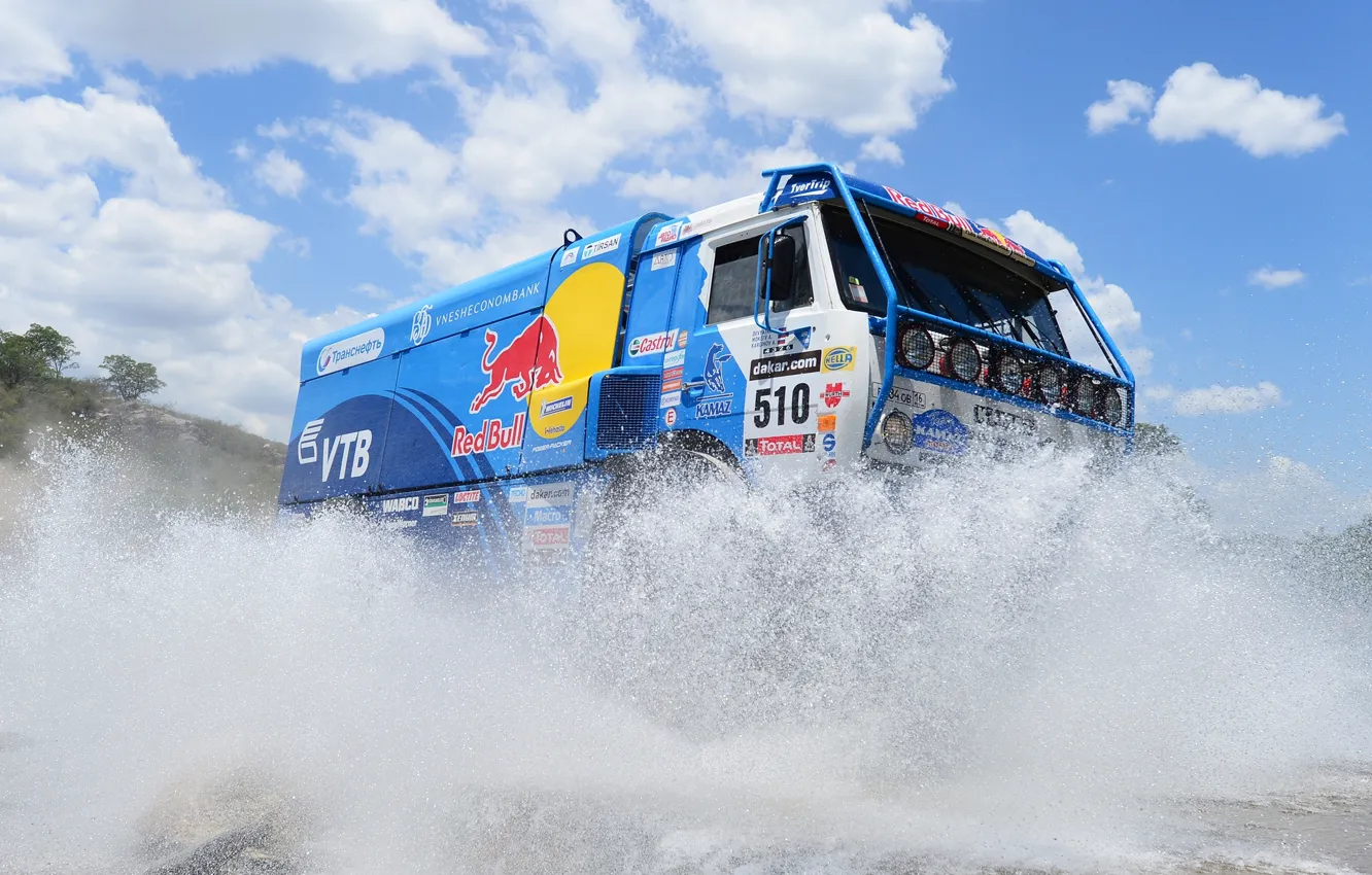 Photo wallpaper The sky, Water, Blue, Sport, Day, Squirt, Red Bull, KAMAZ